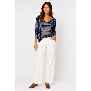 C&C California 100% Linen Blue White Striped Top Large V-Neck Nautical Coastal